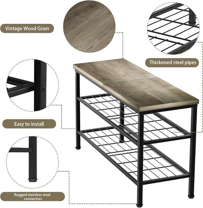 3-Tier Metal Shoe Rack with Wood Top - Durable & Space-Saving Shoe Organizer,Industrial Shoe Organizer Shelf Bench Storagefor Closet Entryway, Bedroom & Hallway - Gray + Black 28.5 W × 18" H