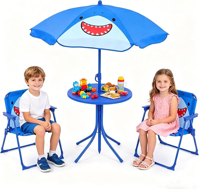 HONEY JOY Kids Picnic Table, Animal Themed Toddler Outdoor Table and Chair Set, 2 Folding Chairs & Removable Umbrella, Children Outdoor Furniture for Backyard Patio Garden (Navy Shark)