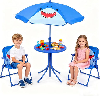 HONEY JOY Kids Picnic Table, Animal Themed Toddler Outdoor Table and Chair Set, 2 Folding Chairs & Removable Umbrella, Children Outdoor Furniture for Backyard Patio Garden (Navy Shark)