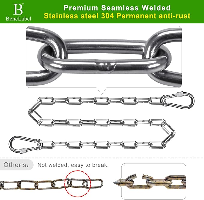 2Pcs 65" (5.4 ft) 304 Stainless Steel Swing Chain 1000 LBs Capacity Porch Swing Chains with Hooks Hanging Chair Chains for Hammock Chair, Swingset, Punching Bag, Egg Chairs, for Indoor and Outdoor
