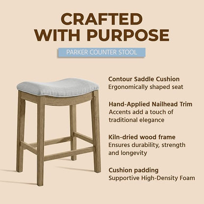 ROME + OAK Parker 26 Inch Counter Stool, Backless Saddle Kitchen Barstool in Natural Finish with Cream Fabric Upholstery Cushion Seat