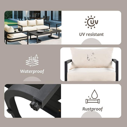 VilroCaz 4-Piece Outdoor Steel Sofa Set, All Weather Patio Conversation Set with 1 Love Sofa, 2 Single Sofas, Coffee Table, Waterproof Cushions, Suitable for Backyard, Poolside Gardens (Beige-Z)