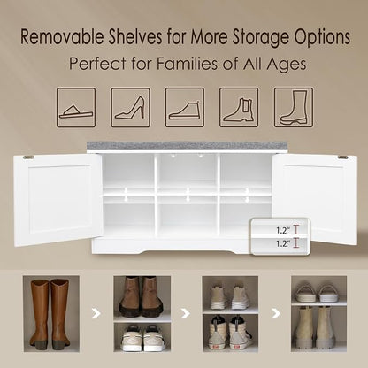 DINZI LVJ Shoe Bench, Entryway Storage Bench with Doors, Cushion, 2-Tier Shoe Rack with 6-Cubby, 31.5”L x 13.8”W Shoe Organizer Cabinet, Adjustable Shelf, Living Room, Bedroom, White