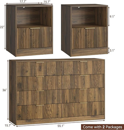 8 Drawer Dresser & Nightstand Set 3-Piece, 55” Wide Bedroom Dresser Set Night Stand Set of 2 with Metal Handle, Fluted Modern Wood Chest of Drawers Storage Dressers Set for Bedroom, Walnut