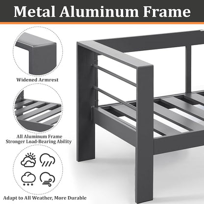 Kiss the Water Loveseat Aluminum Outdoor Patio Sofa Set, All Weather Rust-Proof Metal Patio Couch, Modern Outdoor Furniture for Backyard Porch Garden, 5" Thick Waterproof Olefin Cushions, Light Grey