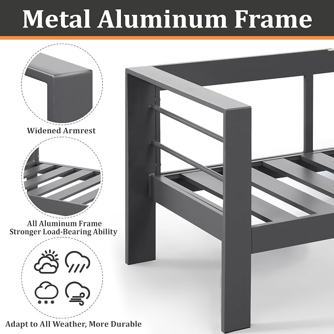 Kiss the Water 2 PCS Aluminum Outdoor Patio Sofa Set, All Weather Rust-Proof Metal Patio Couch, Modern Outdoor Furniture for Backyard Porch Garden, 5" Thick Waterproof Olefin Cushions, Light Grey
