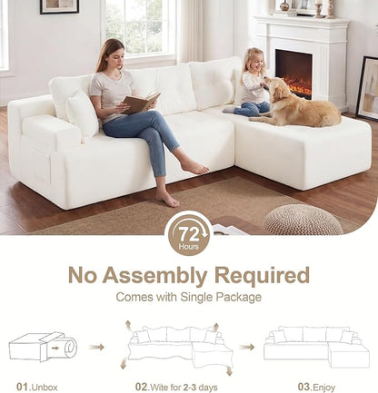 Hobestluk Modular Sectional Sofa Couches L-Shape Couch 3 Seat Modular Sofa Memory Foam Sectional Couches for Living Room, Cloud Couch with Oversized Chaise (White Tufted, 96", Right Hand Facing)