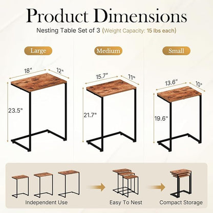 SUPER DEAL Nesting Tables Set of 3, Industrial C Shaped End Table Stackable Coffee Table Heavy Duty Metal Frame for Small Space, Living Room, Bedroom, Side Table Tray for Laptop Snack, Rustic Brown
