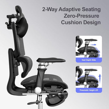 Office Chair with Footrest, Ergonomic Chair with 3D Headrest, Computer Chair with Adjustable Backrest & 6D Armrest, Gaming Chair with Adaptive Lumbar Support, Adjustable Seat Depth, Black