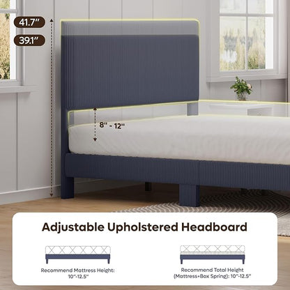 Bestier Bed Frame Queen Size with Headboard LED Lighting,Upholstered,Blue | No Box Spring Needed,Easy Assembly,LED Lighting Headboard,No Squeaks,Vertical Channel Corduroy Upholstered,Wood Slats Support