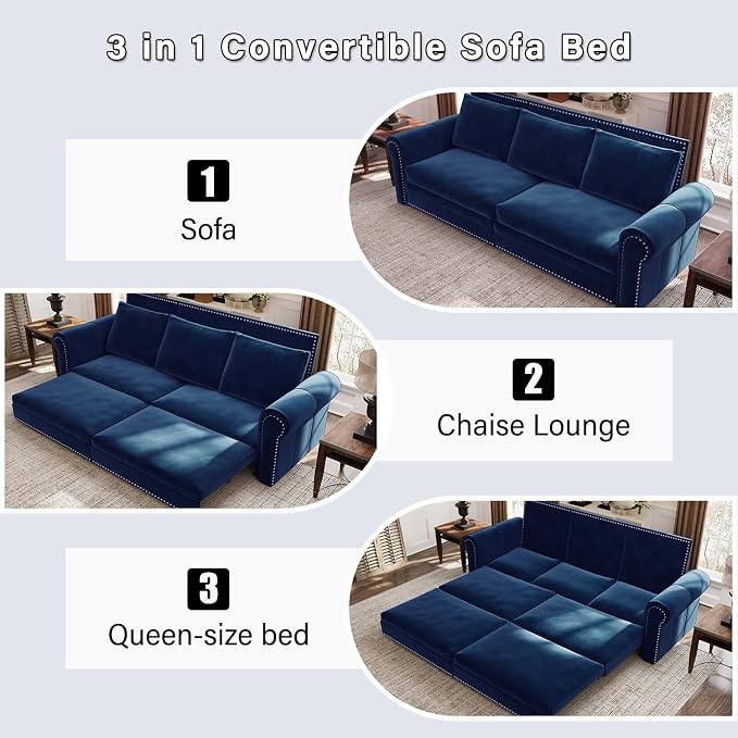 93.7" King Pull Out Sofa Bed, Velvet Sleeper Sofa Couch, 3 in 1 Convertible Futon Couches for Living Room, Small Space, Apartment, Office, Bedroom, Modern Rivet Armrest, Blue