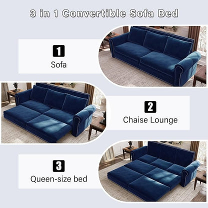 93.7" King Pull Out Sofa Bed, Velvet Sleeper Sofa Couch, 3 in 1 Convertible Futon Couches for Living Room, Small Space, Apartment, Office, Bedroom, Modern Rivet Armrest, Blue