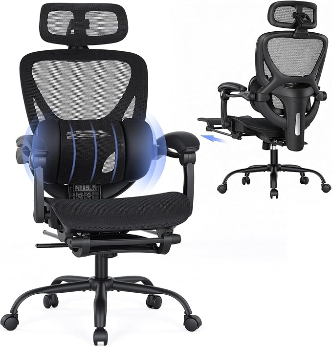 MALOL Ergonomic Mesh Office Chair with Footrest, Executive High Back Computer Desk Chair with 3D Adjustable Headrest & 5-Level Lumbar Support, Reclining Tilt Lock, 3D Arms, 300LBS Capacity, Black