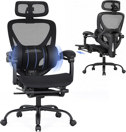 MALOL Ergonomic Mesh Office Chair with Footrest, Executive High Back Computer Desk Chair with 3D Adjustable Headrest & 5-Level Lumbar Support, Reclining Tilt Lock, 3D Arms, 300LBS Capacity, Black