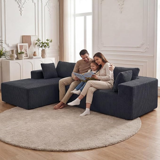 DUMOS 108" L-Shaped Sectional Boneless Couch for Living Room, Upholstered Corduroy Sofa with Deep Seat for Small Apartment, Bedroom, No Assembly in a Box, Left Facing Chaise, Grey