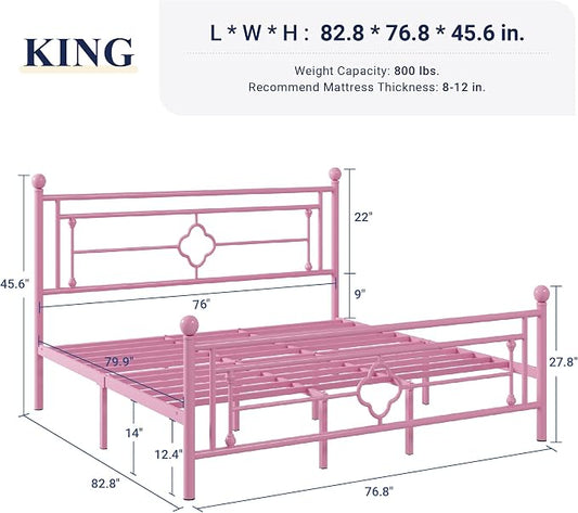 Allewie King Size Metal Platform Bed Frame with Victorian Vintage Headboard and Footboard/Mattress Foundation/Under Bed Storage/No Box Spring Needed/Noise-Free/Easy Assembly, Pink