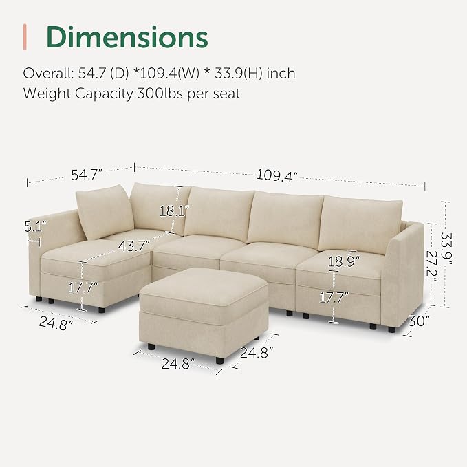 HONBAY Modular Sectional Couch L Shaped Sectional Sofa with Storage, Convertible Couches for Living Room - Beige