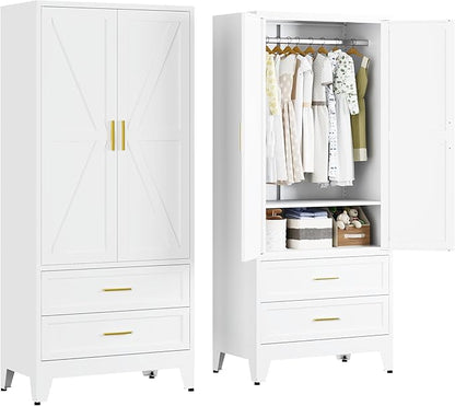 71" H Armoire Wardrobe Closet with 2 Drawers, Metal Wardrobe Closet with Doors and Adjustable Shelves, Wardrobe Cabinet with Hanging Rod, Closets for Bedroom, Laundry Room, White