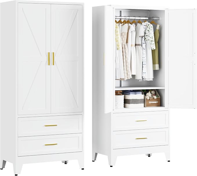 Metal Armoire Wardrobe Closet with Drawers, 71" Wardrobe Cabinet with Adjustable Shelves and Hanging Rod for Bedroom, White Metal Closet Storage Cabinet with 2 Doors & 1 Drawer