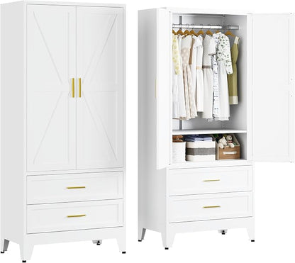 Metal Armoire Wardrobe Closet with Drawers, 71" Wardrobe Cabinet with Adjustable Shelves and Hanging Rod for Bedroom, White Metal Closet Storage Cabinet with 2 Doors & 1 Drawer