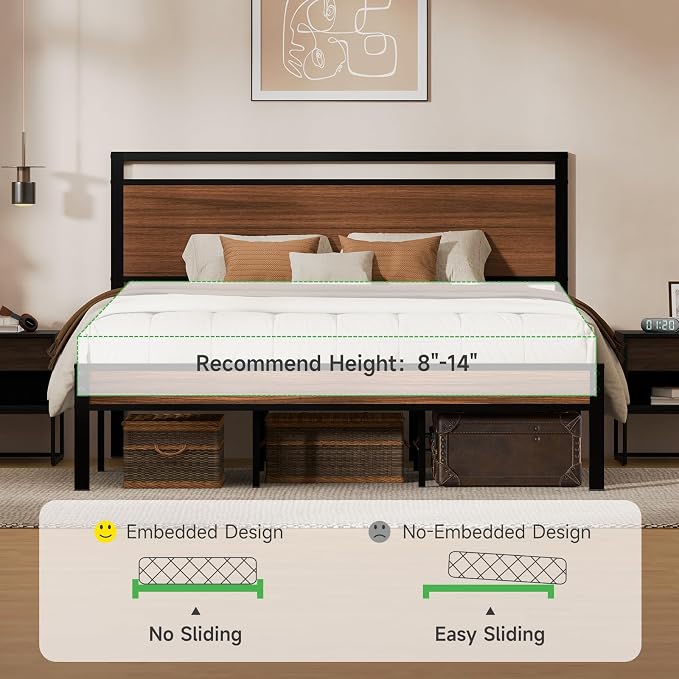 Z-hom King Metal Bed Frame with Wooden Headboard and Footboard, Heavy Duty Platform Frame with Metal Slats, No Box Spring Needed, Quiet and Non-Slip Design, Space Saving Bed Frame for Bedroom,Walnut