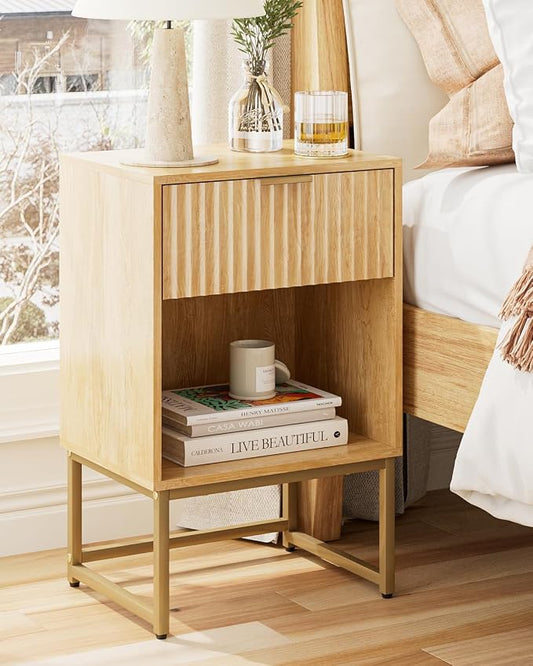 Masupu Fluted Nightstand,Modern Night Stand Wood Bedside Table with Storage Drawer Side End Table for Bedroom,Office,Oak