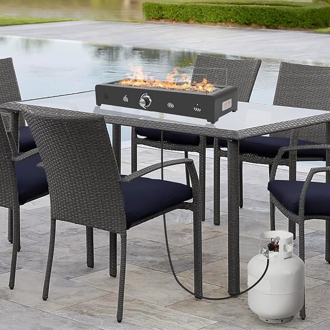 Onlyfire 28'' Tabletop Fire Pit Table, Propane Gas Firepit Bottom Mounted for Table with Umbrella Hole, Glass Wind Guard and Lava Rock, Outdoor Rectangular Smokeless Fireplace