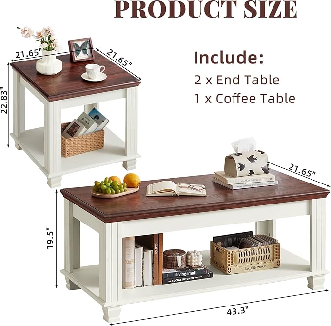 SAVOR LIFE Farmhouse Coffee Table Set of 3, Rustic Wood 3 Piece Coffee and End Table Sets with Open Shelf for Living Room, White