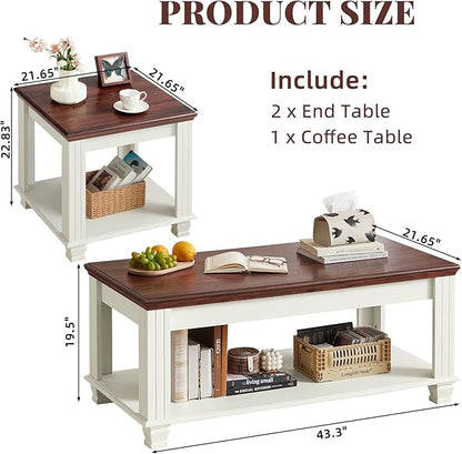 SAVOR LIFE Farmhouse Coffee Table Set of 3, Rustic Wood 3 Piece Coffee and End Table Sets with Open Shelf for Living Room, White