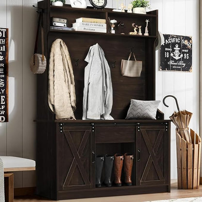 4ever2buy Farmhouse Hall Tree with Bench 5-in-1 Entryway Bench with Coat Rack with Sliding Barn Doors Entryway Coat Rack with Shoe Storage (Oak)