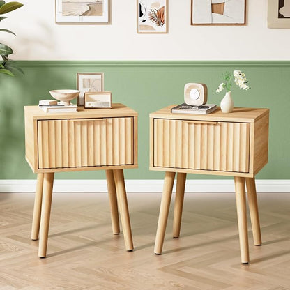 VINGLI Night Stand Set 2, Fluted Nightstands with Drawer, Mid Century Modern Nightstands Set of 2, Bedside Table, End Table, Wood Nightstand for Bedroom, Natural Oak, 15.75" W*11.81" D*21.85" H