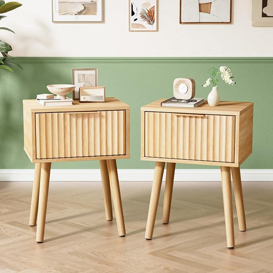 VINGLI Night Stand Set 2, Fluted Nightstands with Drawer, Mid Century Modern Nightstands Set of 2, Bedside Table, End Table, Wood Nightstand for Bedroom, Natural Oak, 15.75" W*11.81" D*21.85" H
