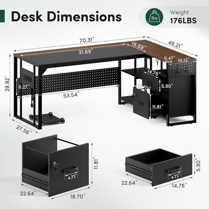 MALOL 70.3" L-Shaped Office Desk, Reversible L-Shaped Computer Desk with Power Outlet, Large Executive Desk with Locked File Drawers & Storage Shelves, Pegboard, Mobile CPU Stand, Modern Corner Desk