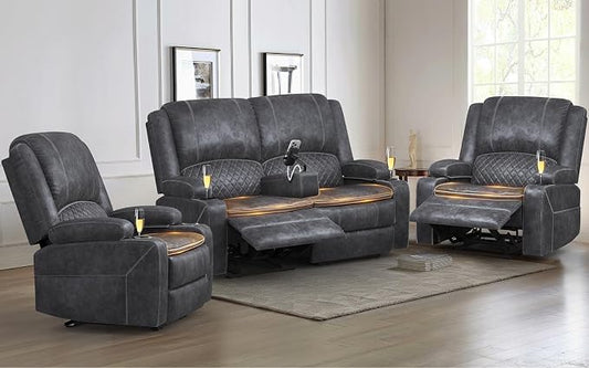 Yolsali Loveseat Recliner Sofa Set with 2-Tier Cushion, 2+1+1 Pieces in Living Room, 2 Seater Reclining Loveseat Velvet Fabric with Removable Console, 2 Oversize Recliner Chair Sofa Seat - Grey