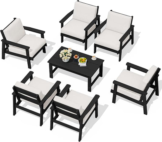 SERWALL Patio Conversation Sets, 7 Piece, Black Frame with Khaki Cushions