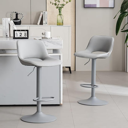 YOUNIKE Bar Stools Set of 2 All Grey Swivel Barstools, Compact Adjustable Counter Height Bar Stools Faux Leather Upholstered Counter Stools with Hollow Back for Kitchen Island