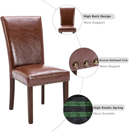 COLAMY Upholstered Parsons Dining Chairs Set of 6, PU Leather Dining Room Kitchen Side Chair with Nailhead Trim and Wood Legs - Light Brown