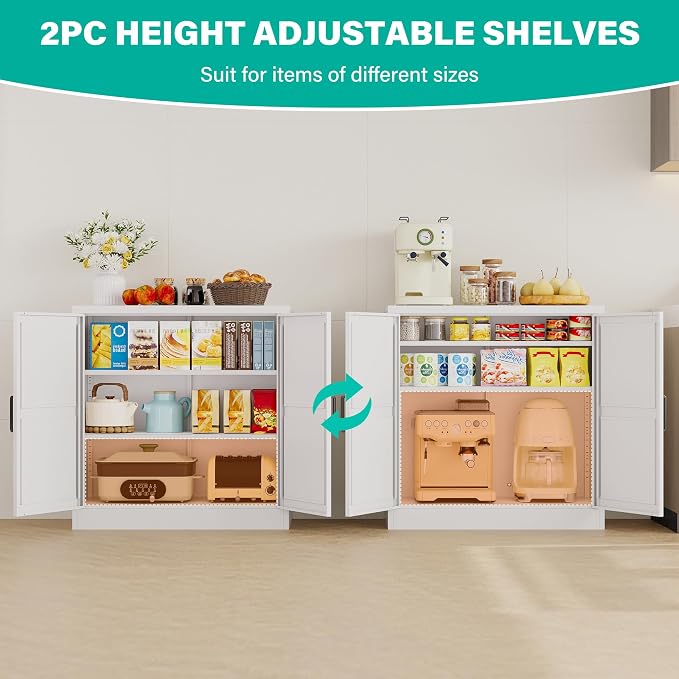 Metal Storage Cabinet with Doors & Adjustable Shelves, 36" Tall Farmhouse Pantry Cabinet, Small Sideboard for Kitchen, Dining, Living & Laundry Room, White