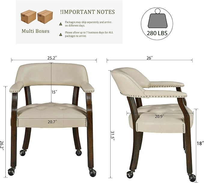 LEEMTORIG Set of 6 Large Dining Chairs with Casters and Arms, Rolling Dining Chairs with Wheels Game Chairs, Wood Boss Caption's Chair, 26"D x 25.2"W x 31.5"H, Espresso Legs & Beige PU, XXY-1910-BG