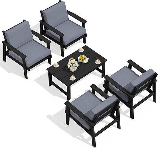 SERWALL Outdoor Patio Furniture Set, 5 Piece HDPE Patio Conversation Sets, All-Weather Wood-Like Outdoor Couch Loveseat and Coffee Table with Thick Cushions for Porch Balcony Garden Backyard