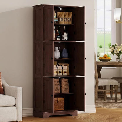 ChooChoo Tall Bathroom Storage Cabinet with 6 Doors, Freestanding Floor Cabinet with Adjustable Shelves, Rustic Walnut Pantry Cabinet for Bathroom, Kitchen, Laundry Room
