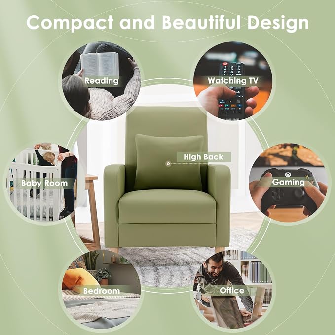 COLAMY Mid-Century Modern Accent Chairs Set of 2, Faux Leather Upholstered Living Room Chairs with Back Pillow & Solid Wood Legs, Comfy Armchair for Living Room, Bedroom, Single Sofa, Light Green