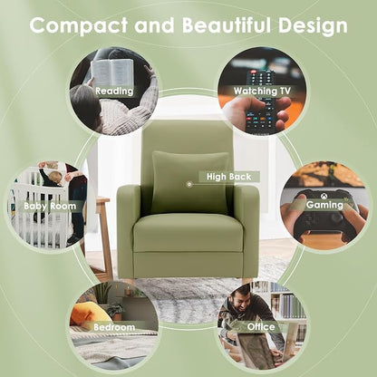 COLAMY Mid-Century Modern Accent Chairs Set of 2, Faux Leather Upholstered Living Room Chairs with Back Pillow & Solid Wood Legs, Comfy Armchair for Living Room, Bedroom, Single Sofa, Light Green