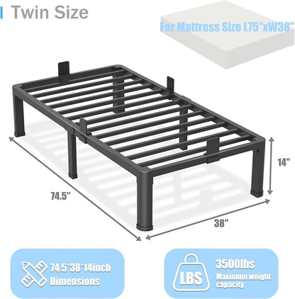 Yitong Angel 14 inch Twin Bed Frame with Round Corner Legs Mattress Slide Stopper,3500 lbs Heavy Duty Metal Platform,No Box Spring Needed,Steel Slat Support,Easy Assembly,Noise Free