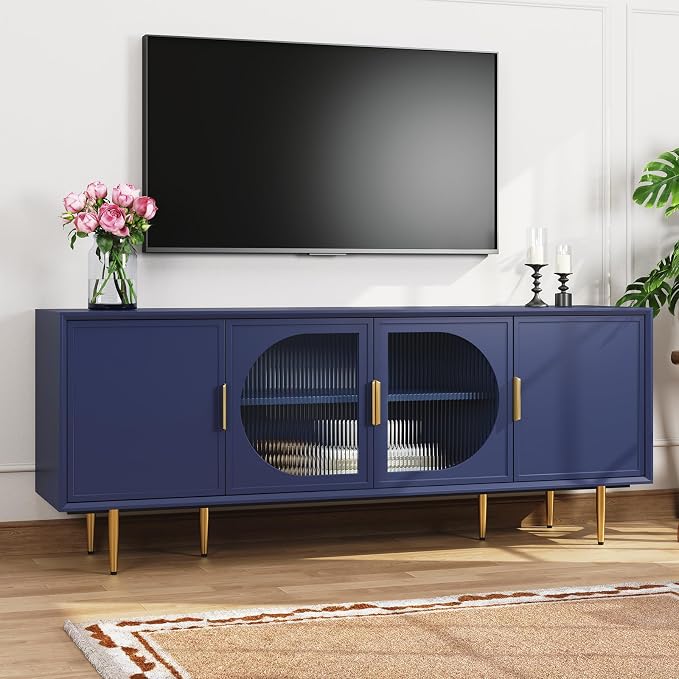 Blue TV Stand for TVs up to 75 Inch, 66" Modern Entertainment Center with Glass Door Storage, TV Cabinet Media Console for Living Room, Bedroom, Under TV Cabinet