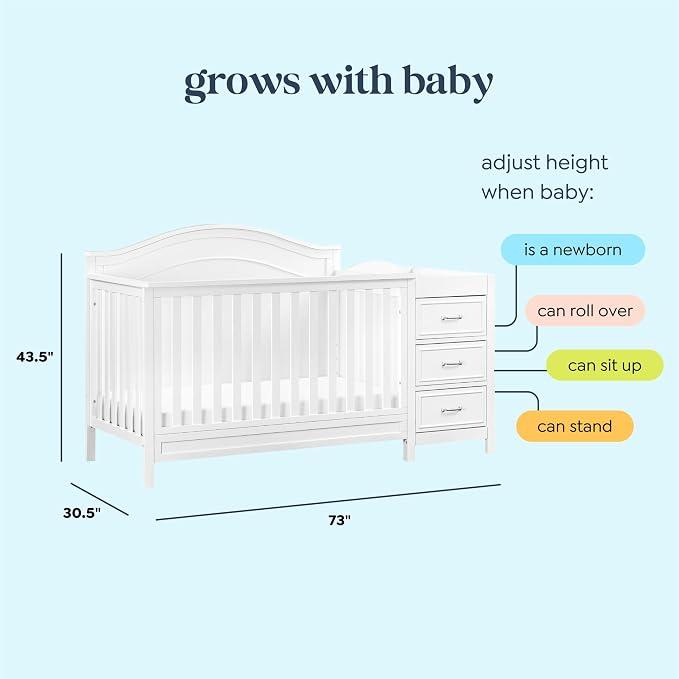Davinci Charlie 4-in-1 Convertible Baby Crib w/Changing Table, White | Greenguard Certified Baby Crib Convertible to Toddler Bed, Daybed, Full-Size Bed - Changing Table Combo w/ Extra Storage