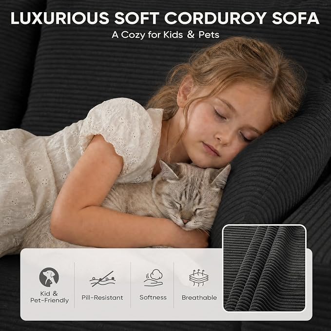 Boneless Couch, 102.4" Sectional Couches for Living Room with L Shape Sofa | Cloud Couch Sectional with Chaise, Modular Cloud Sofa with Deep Seat, No Assembly, Black, Corduroy, Left Chaise