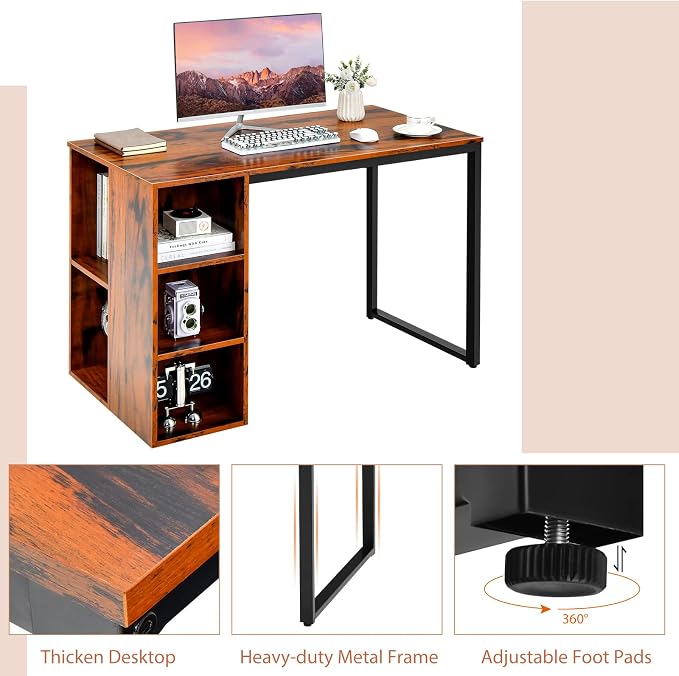 Tangkula Computer Desk with Storage Shelves, Home Office Desk with 5 Side Shelves & Metal Frame, Space Saving Laptop PC Desk, Writing Study Desk, Modern Vanity Desk for Bedroom (Rustic Brown)