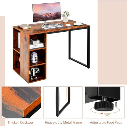 Tangkula Computer Desk with Storage Shelves, Home Office Desk with 5 Side Shelves & Metal Frame, Space Saving Laptop PC Desk, Writing Study Desk, Modern Vanity Desk for Bedroom (Rustic Brown)