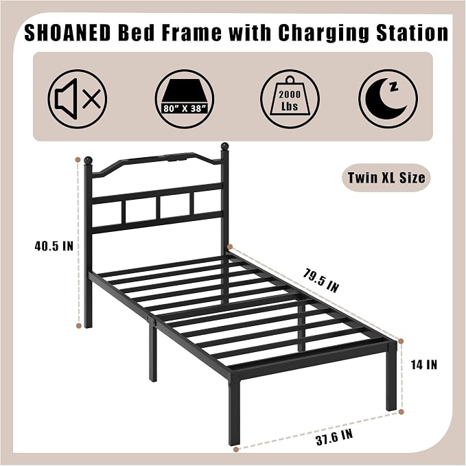 SHOANED Metal Bed Frame with Headboard - 14 Inch Twin XL Size Heavy Duty Bedframe with Charging Station Black Basic Steel Slats Platform No Box Spring Needed/Noise Free